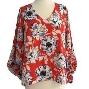 VICI V-Neck Red Floral Print Balloon 3/4 Sleeve Blouse Top